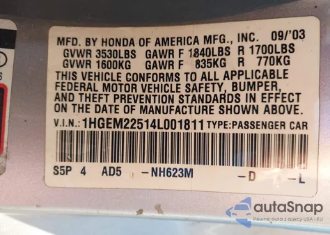 2004 Honda Civic Lx from USA, damaged, VIN 1HGEM22514L001811